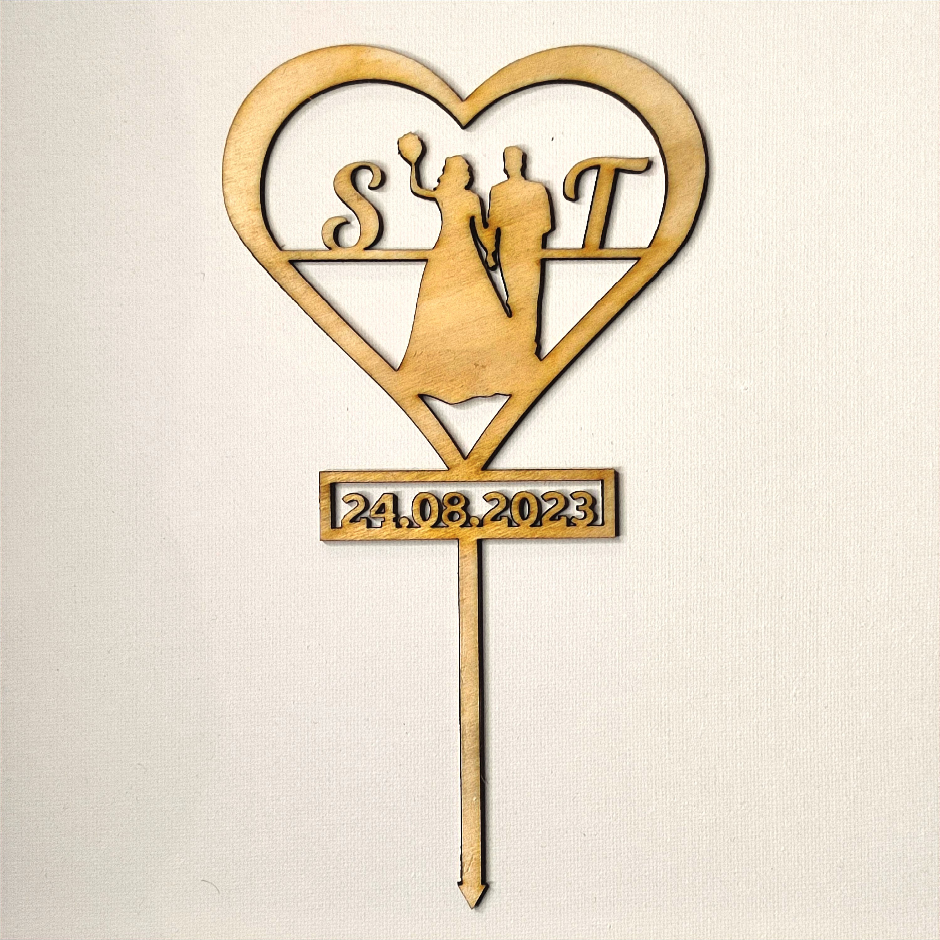 Topper Cake - Mariage - Mariés, Bouquet - Bois - Personnalisé - Initiales & Date