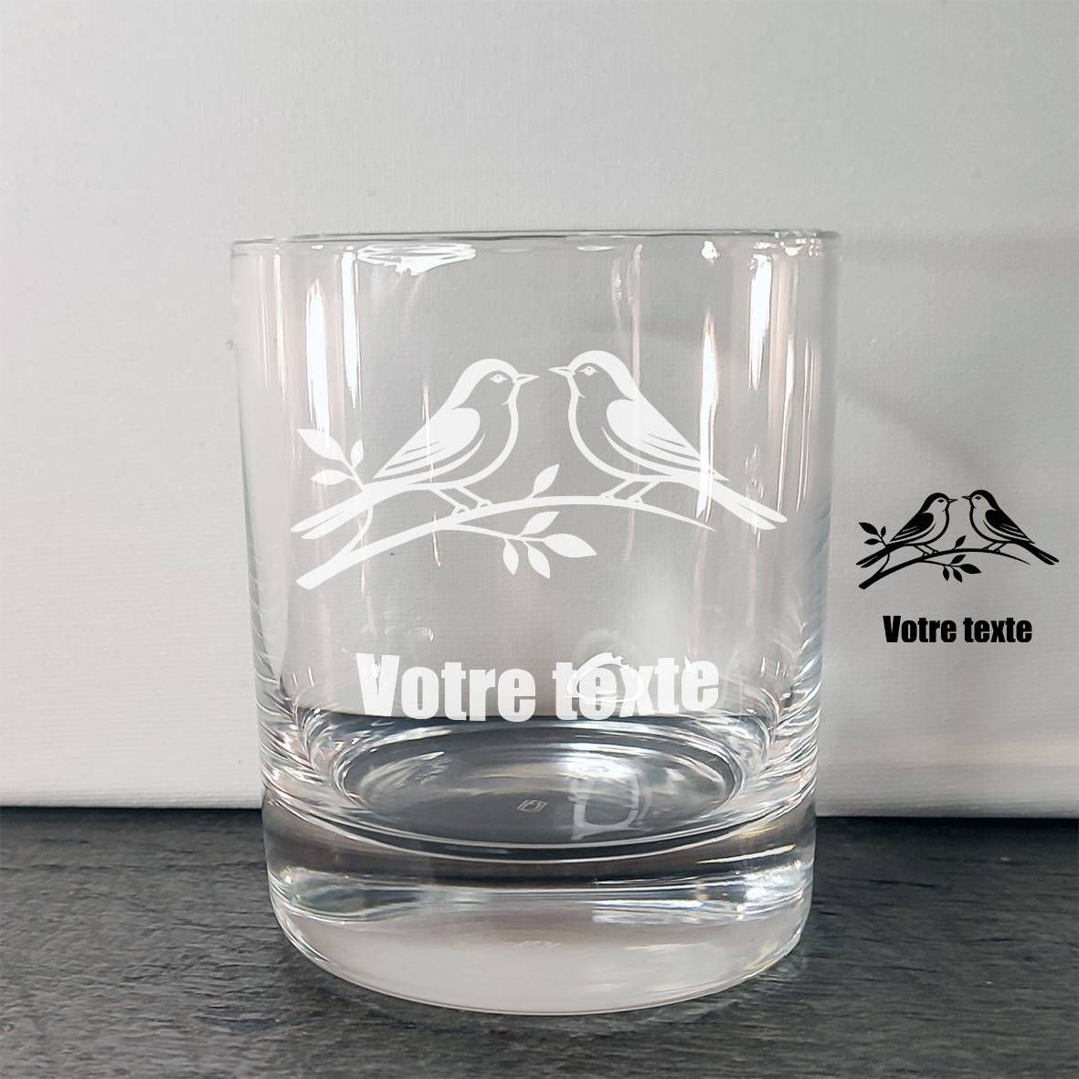 verre à whisky personnalisé avec motif deux oiseaux sur une branche gravé