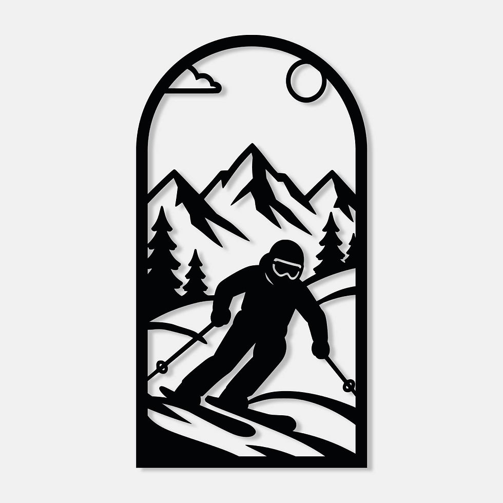 Tableau mural skieur dans une arche alpine – détail du motif découpé au laser, 40 × 75 cm