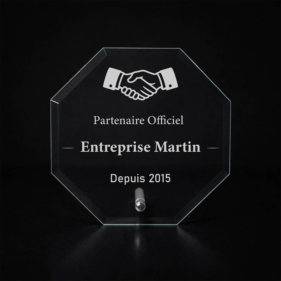 Plaque octogonale en verre biseauté, gravée laser et personnalisée, plaque entreprise partenaire officiel