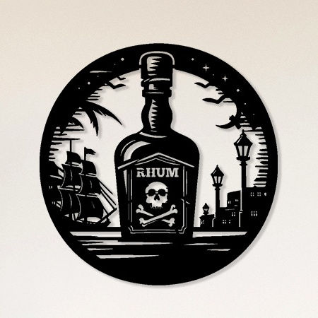 Tableau Cercle Bouteille de Rhum et Pirates