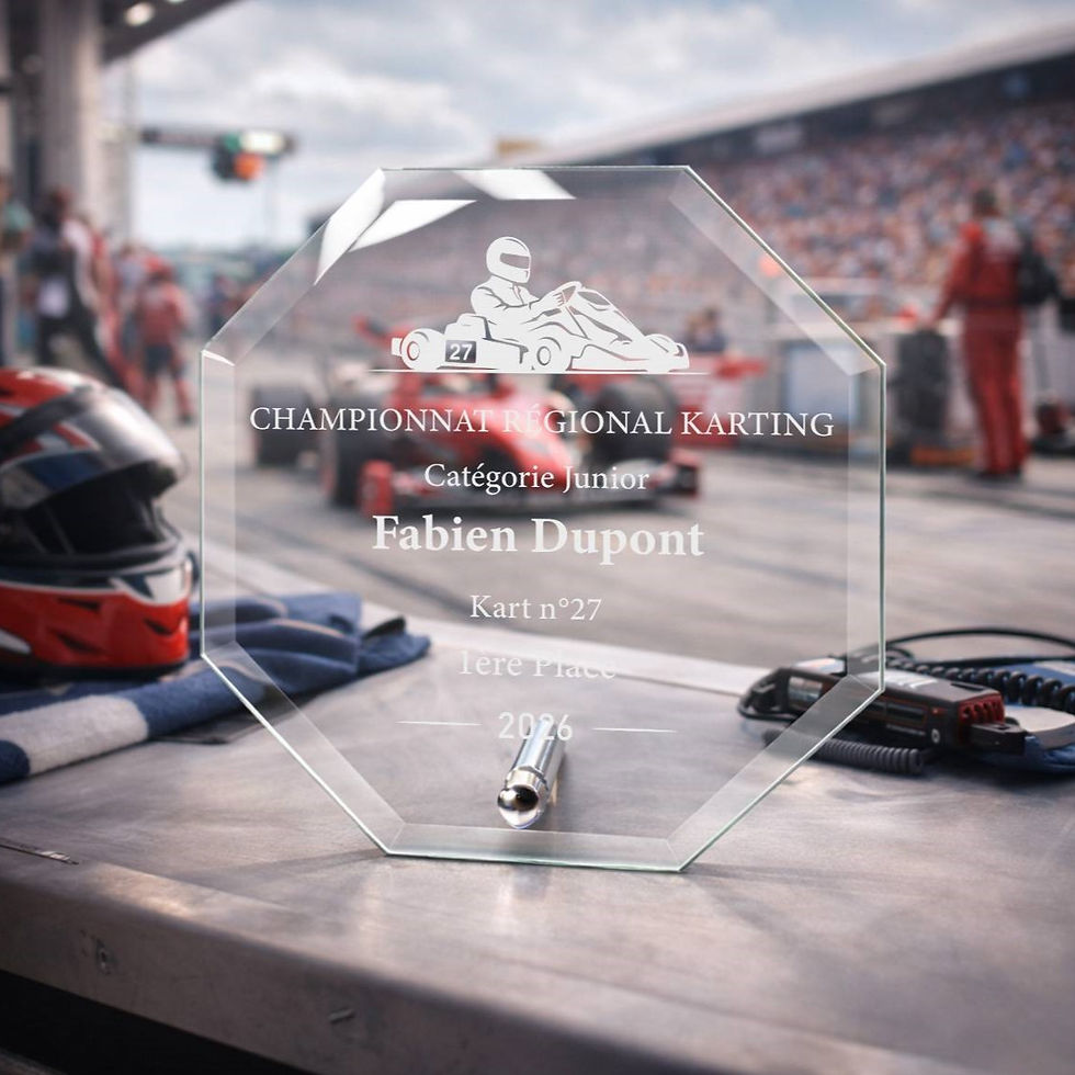 Plaque octogonale en verre bord biseauté, trophée karting gravée laser personnalisée avec motif pilote en kart