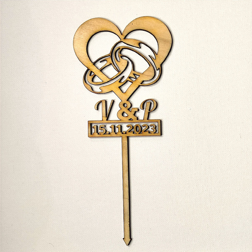 Topper Cake - Mariage - Alliances Coeur - Bois - Personnalisé - Initiales & Date
