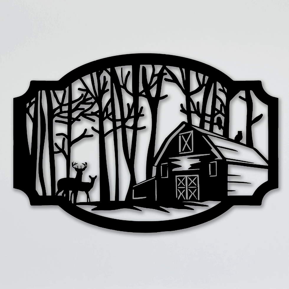 Tableau Cabane En Forêt Avec Deux Cerfs - Authentique Et Naturel