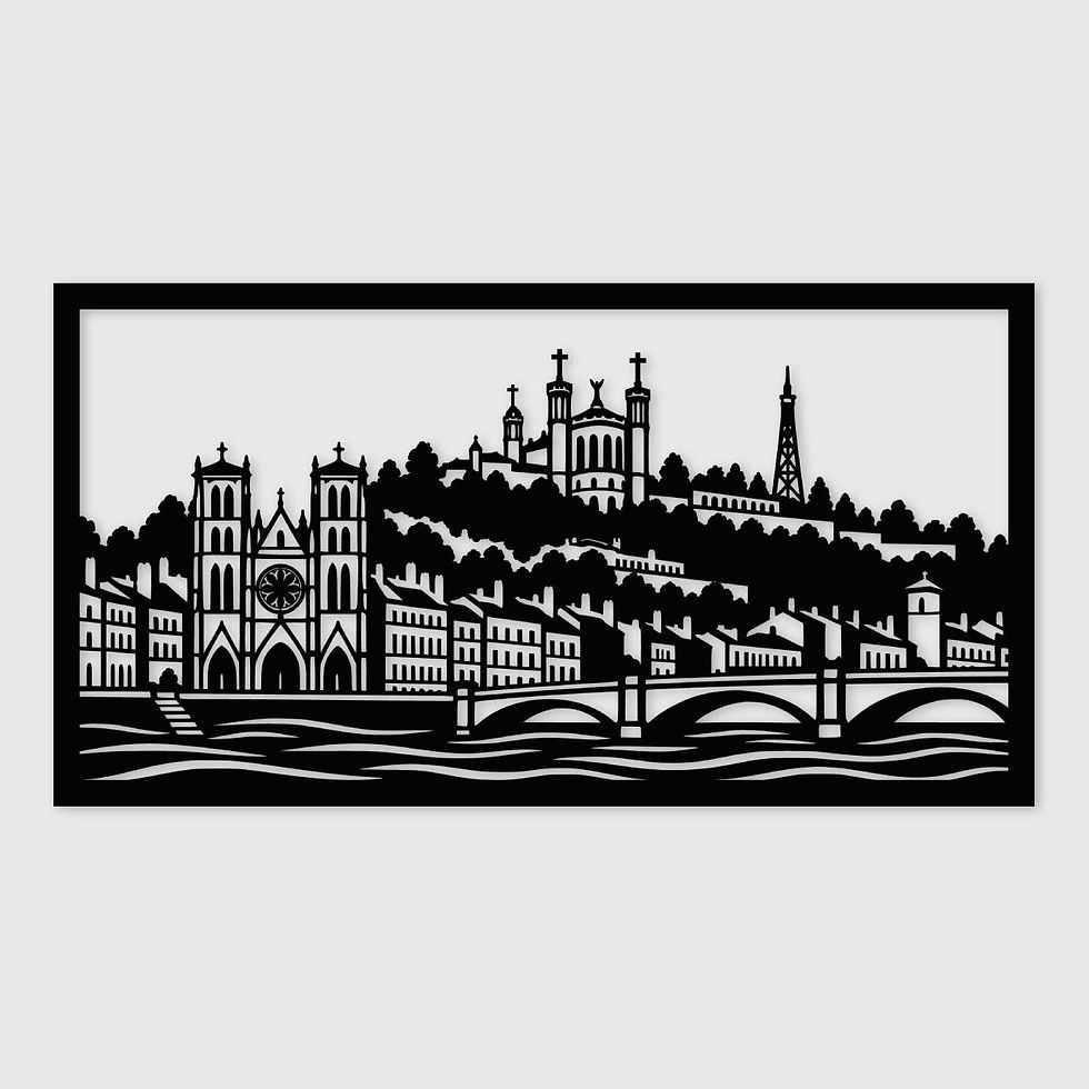 Tableau mural lyon et berges du rhône – détail du motif découpé au laser, 75 × 40 cm