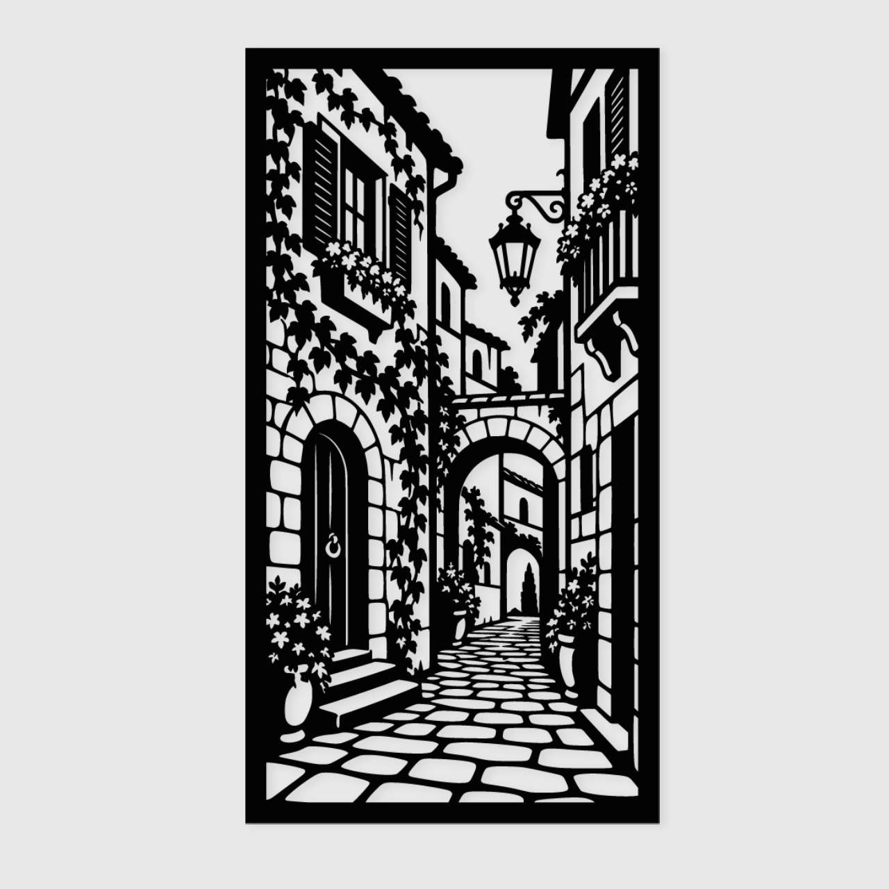 Tableau mural ruelle médiévale – détail du motif découpé au laser, 40 × 75 cm