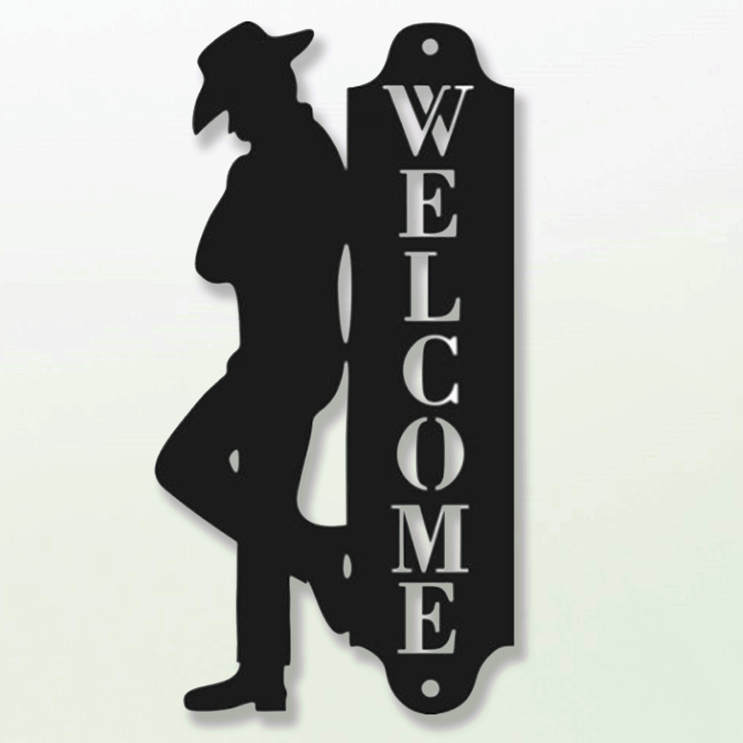Tableau Silhouette de Cowboy en Profil sur Panneau "Welcome"