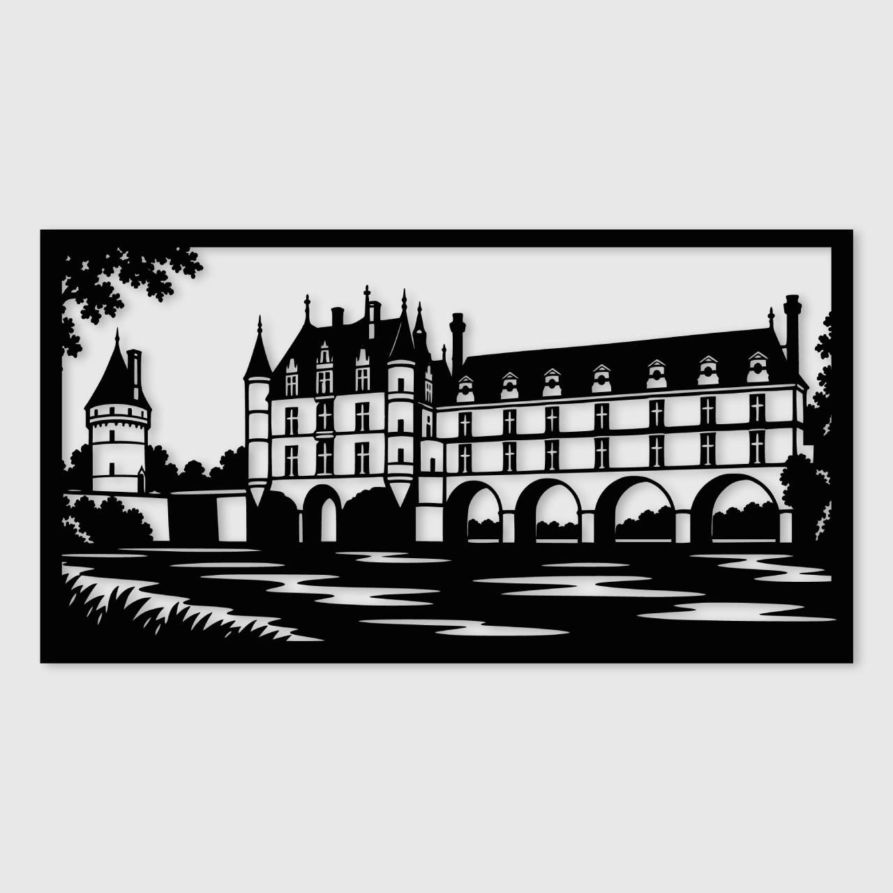 Tableau mural château de chenonceau sur le cher – détail du motif découpé au laser, 75 × 40 cm