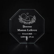 Plaque naissance en verre gravée laser personnalisée prénom date heure poids taille 12x12