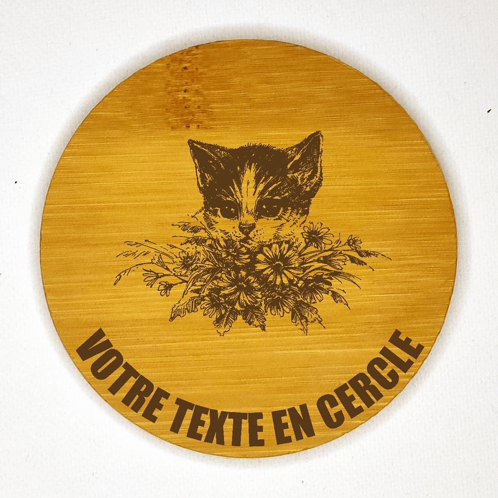 dessous de verre tête de chat et fleurs personnalisable bambou