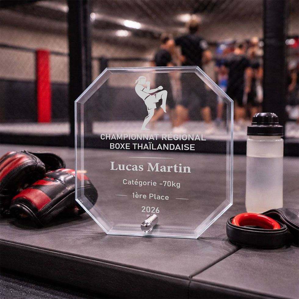 Plaque octogonale en verre biseauté, gravée laser et personnalisée, trophée boxe thaïlandaise, silhouette coup de genou