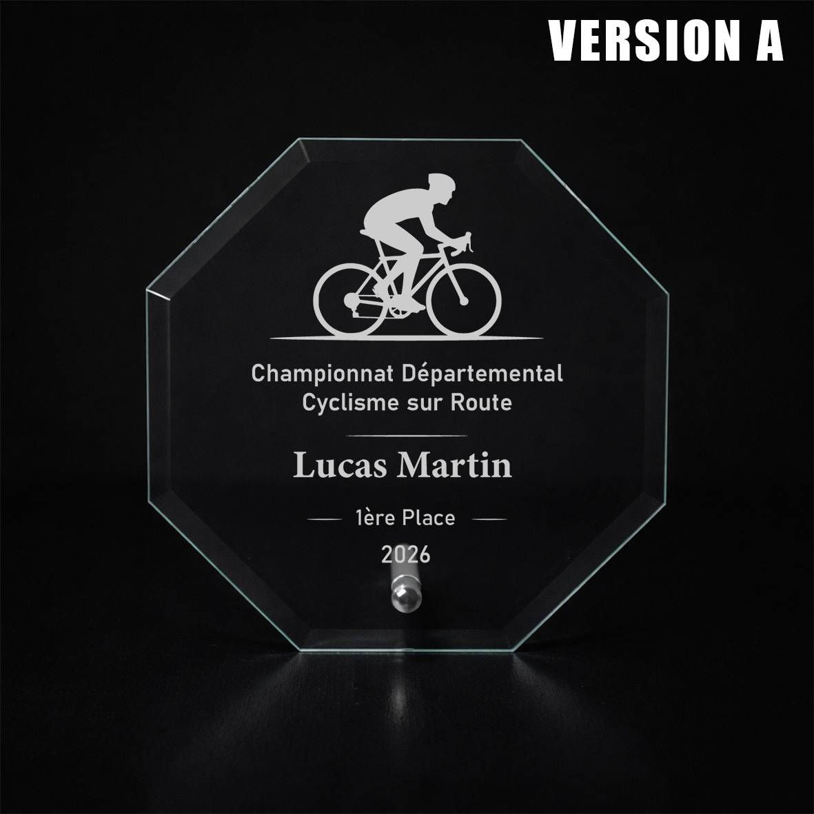 Plaque octogonale en verre biseauté, gravée laser et personnalisée, trophée cyclisme versions A cycliste route et B roue