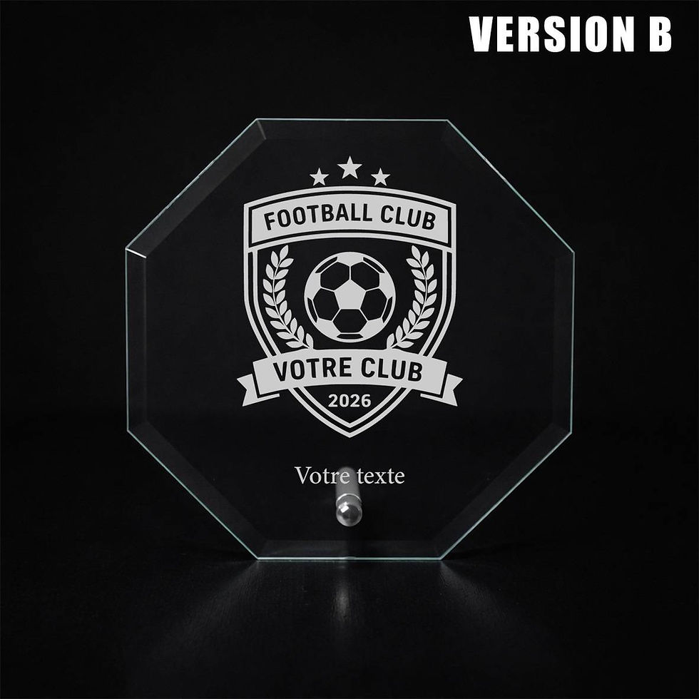 Plaque octogonale en verre biseauté, gravée laser et personnalisée, trophée football
