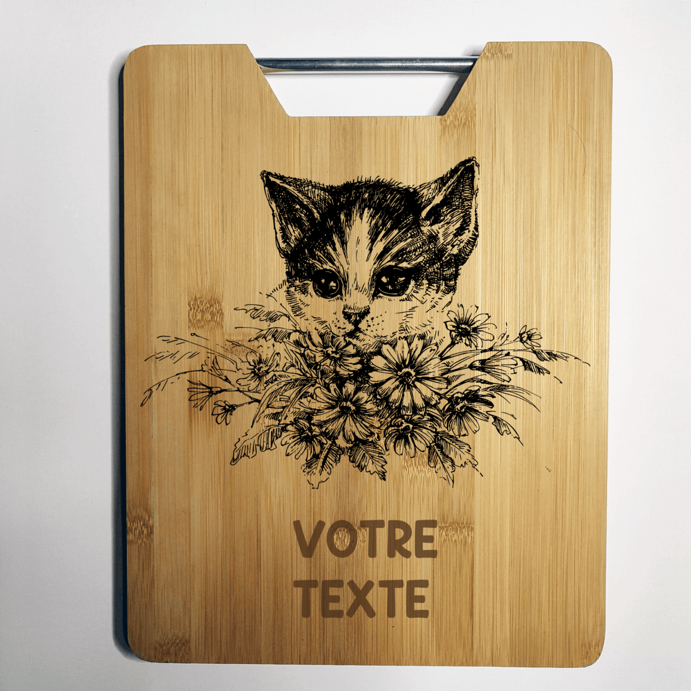 Chat fleurs et texte personnalisé - Gravure Planche à Découper