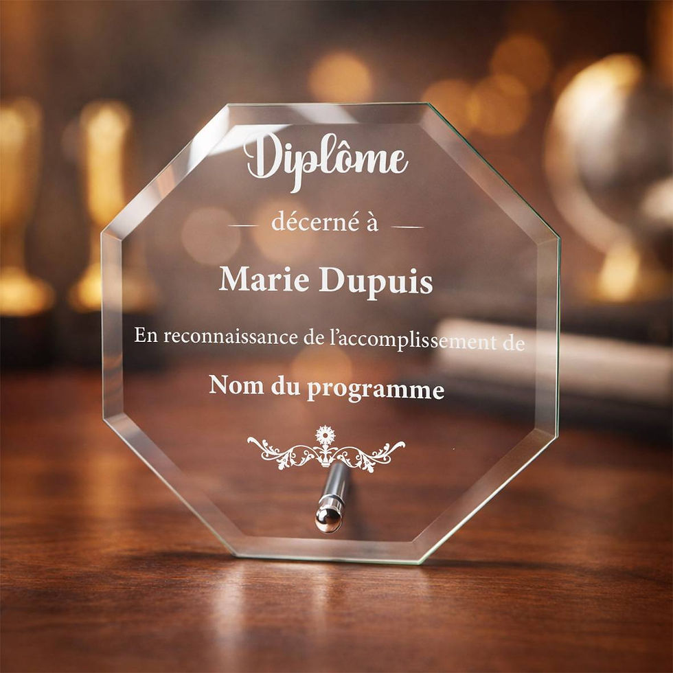 Plaque octogonale en verre biseauté, gravée laser et personnalisée, diplôme en verre, décoration florale, prénom et prog
