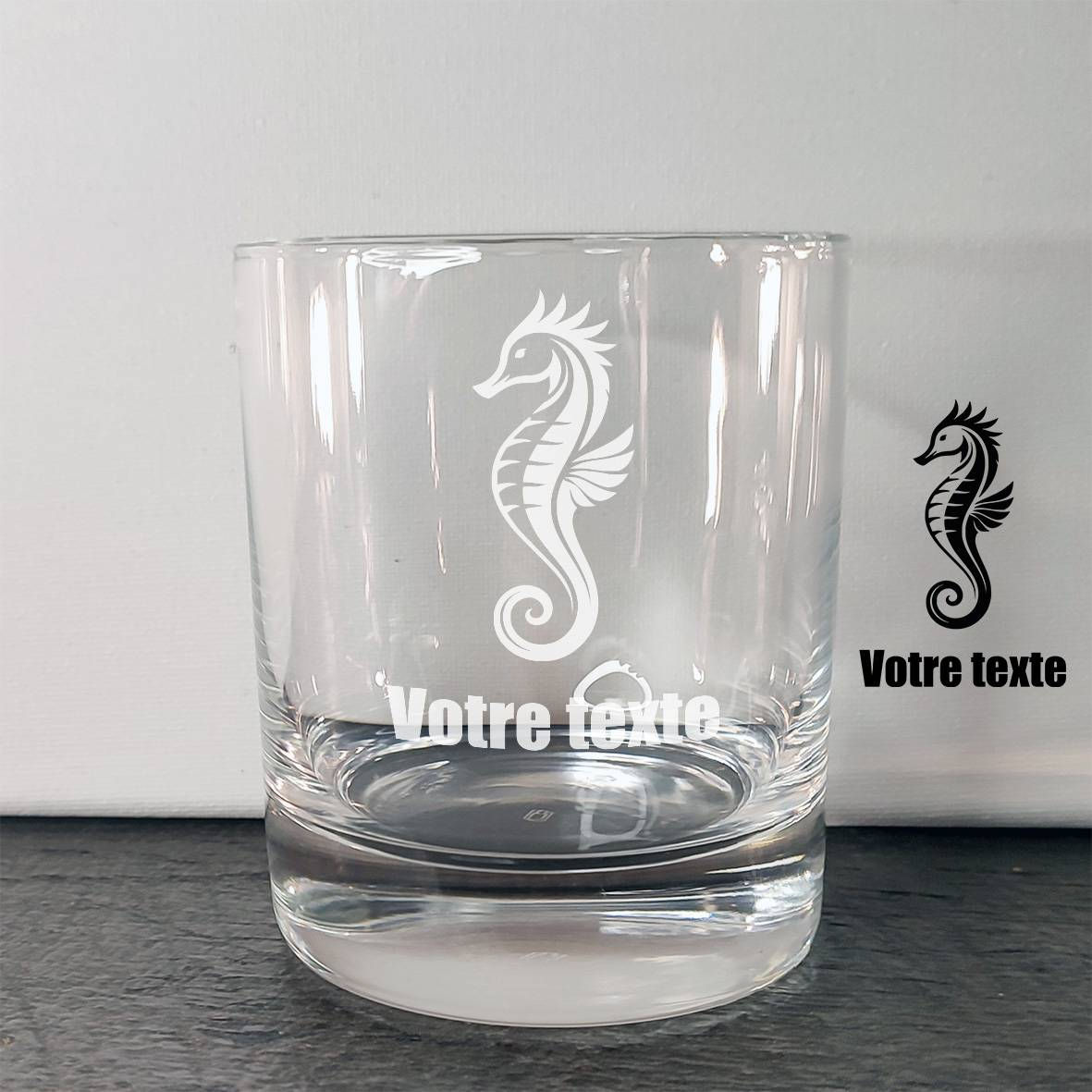 verre à whisky personnalisé avec motif hippocampe marin gravé