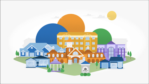 Illustrative graphic design depicting a vibrant community scene with residential houses, a large central building with a clock tower
