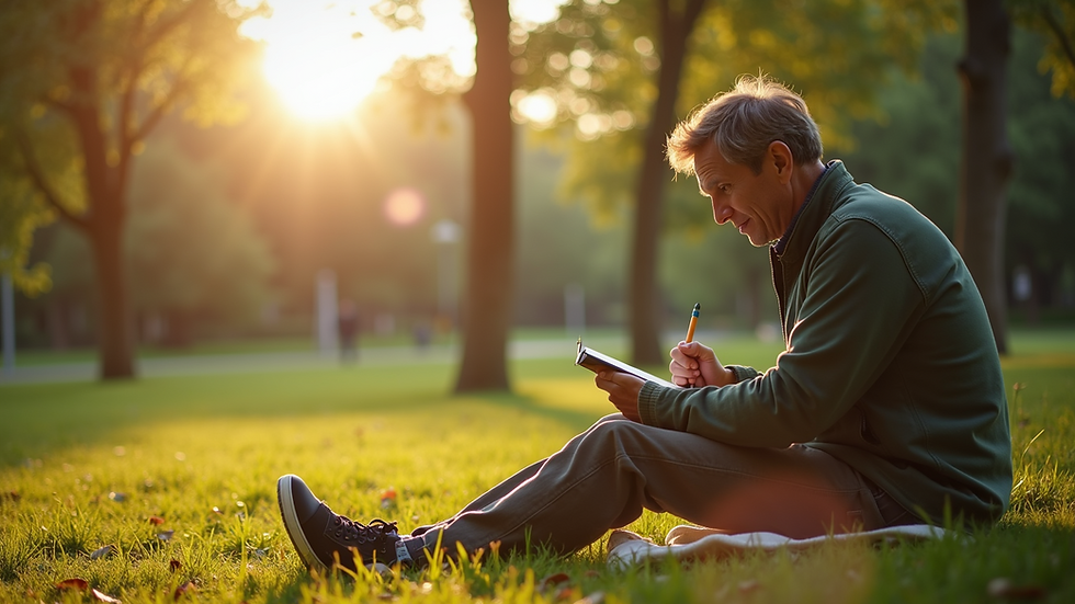 Wide angle view of a person journaling outdoors in a peaceful park
