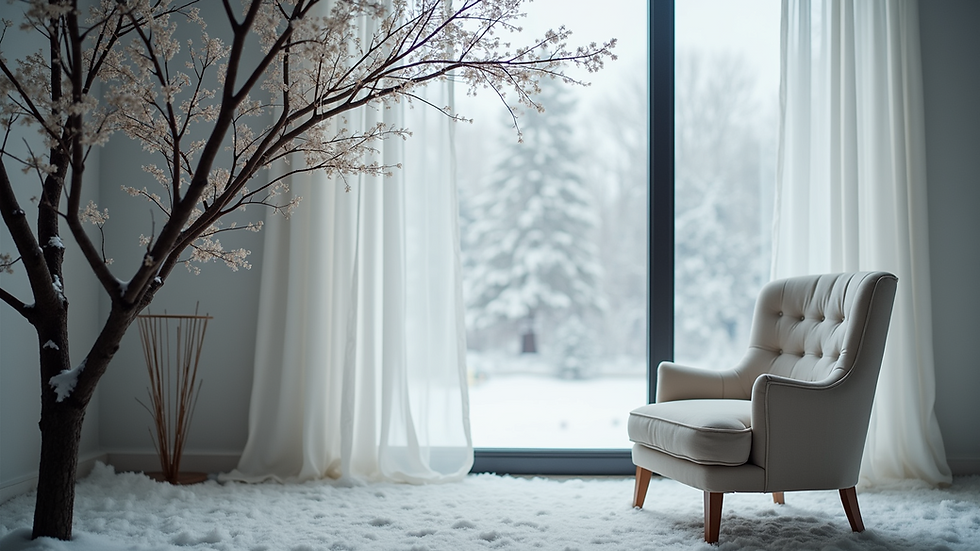 Eye-level view of a quiet counselling room with a comfortable chair and soft lighting