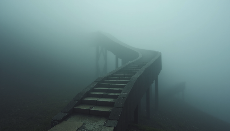 Eye-level view of a winding staircase disappearing into fog