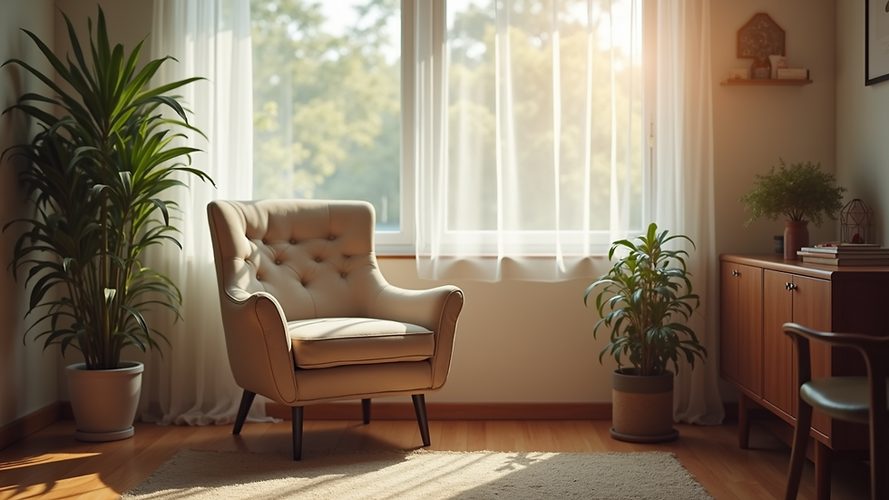 Eye-level view of a cozy counseling office with a comfortable chair and soft lighting