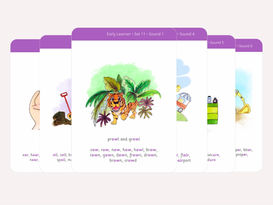 Six Early Learner phonics flashcards arranged on a pale background, showing this month’s new sounds for Reception reading.