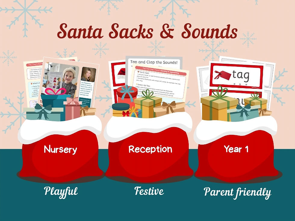 Three festive sacks filled with phonics resources for Nursery, Reception, and Year 1 learners