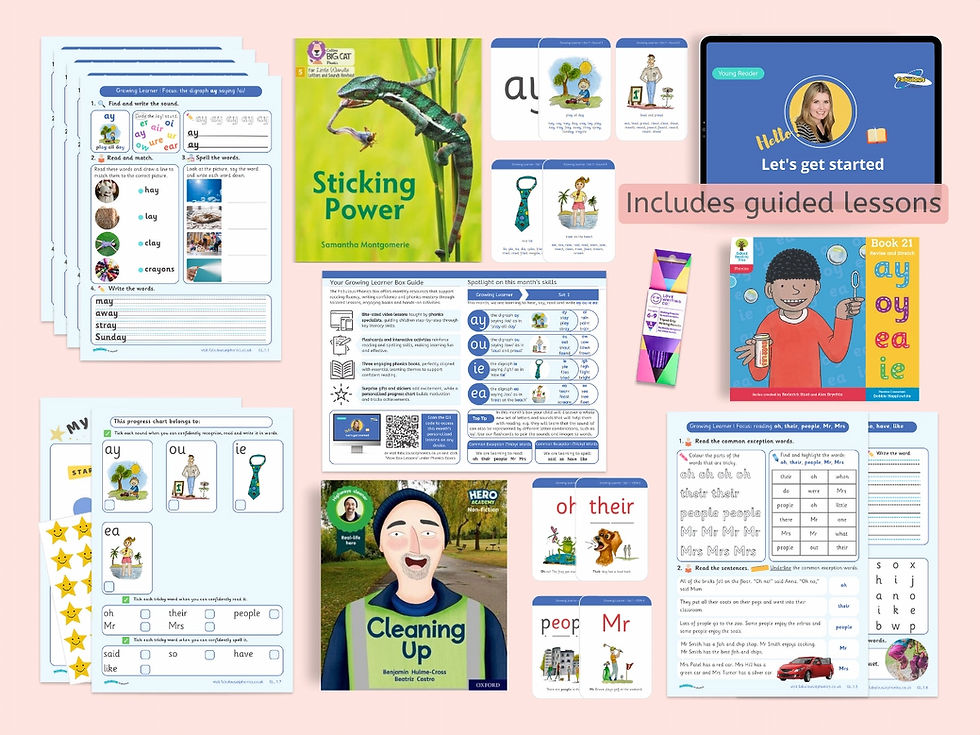 Landscape flatlay of Fabulous at Phonics Growing Learner Phonics Box with books, flashcards, and lessons.