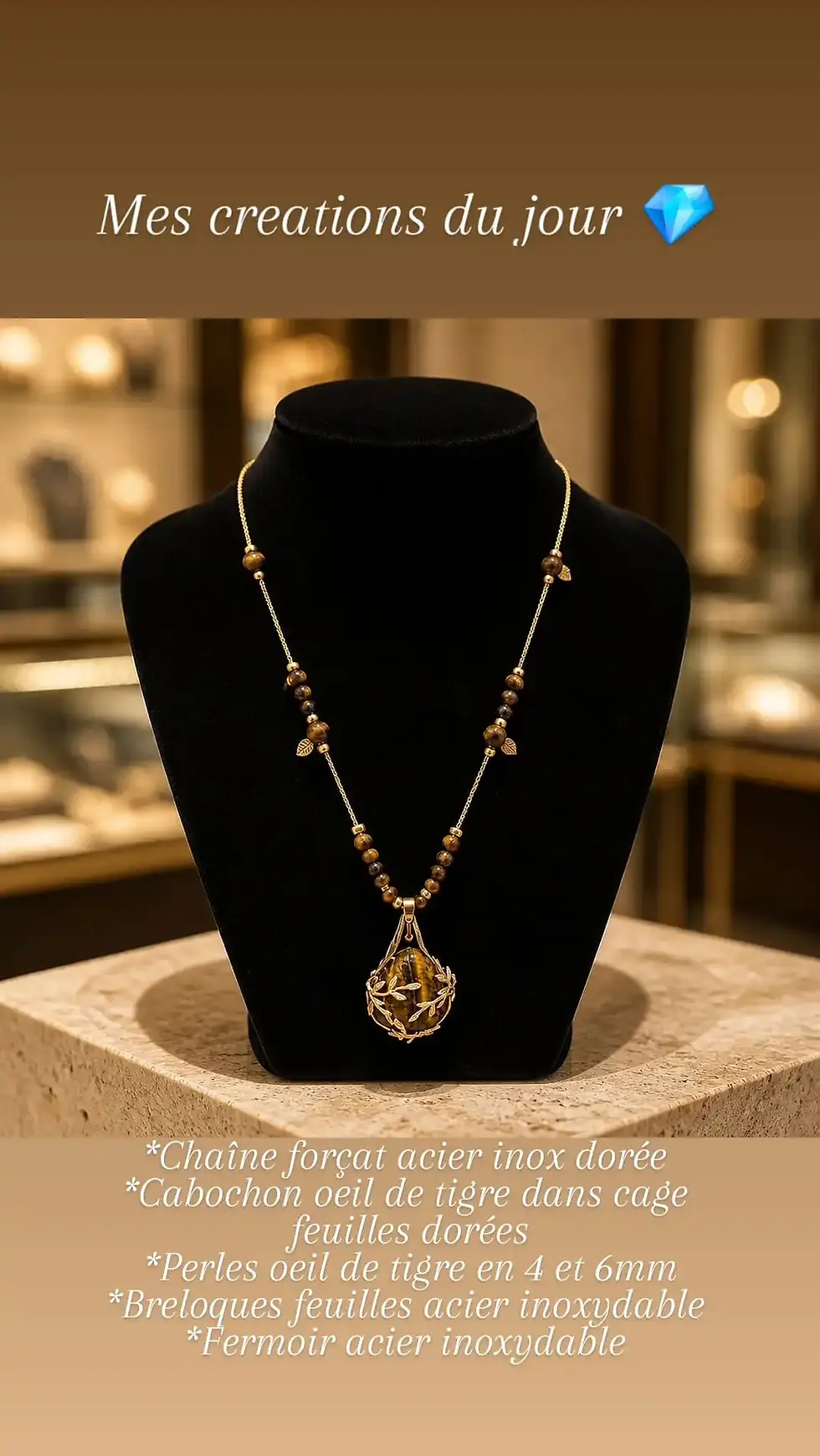 Collier œil de tigre naturel cage feuilles dorée perles 4 6mm breloques acier inoxydable artisanal Boutique Ananta Saint-Juér