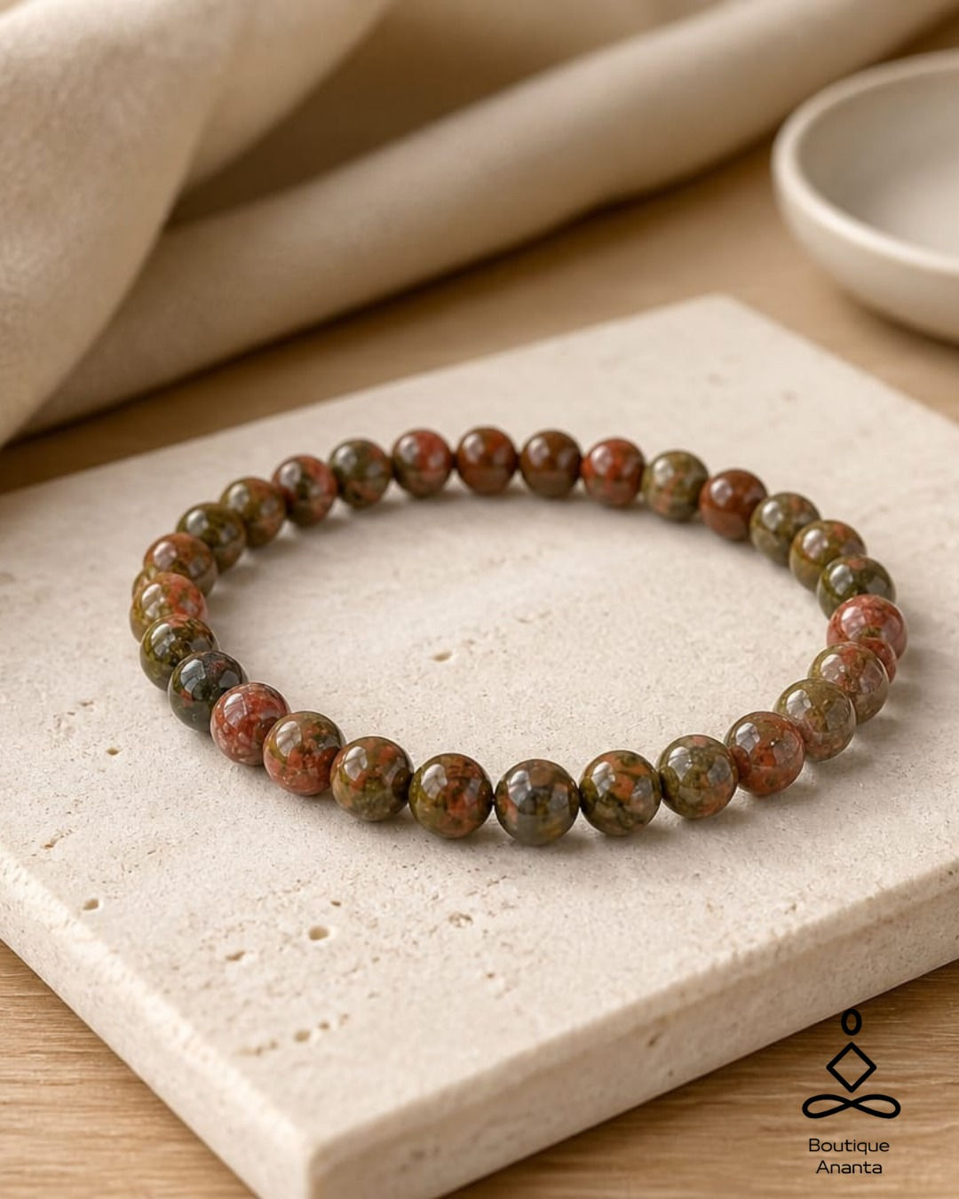 Bracelet unakite naturelle perles 8mm rose vert feldspath épidote quartz fait main Boutique Ananta Saint-Juéry Tarn