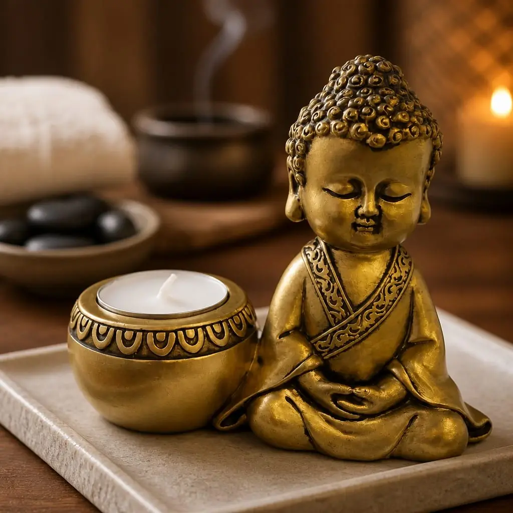 Bouddha Méditant Doré & Bougeoir Assorti — Décoration Zen Résine