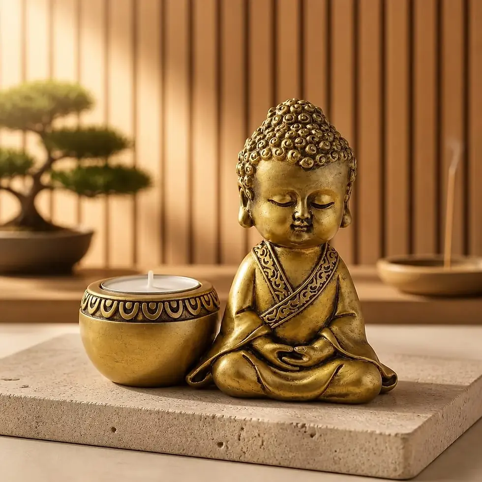 Miniature : Bouddha Méditant Doré & Bougeoir Assorti — Décoration Zen Résine