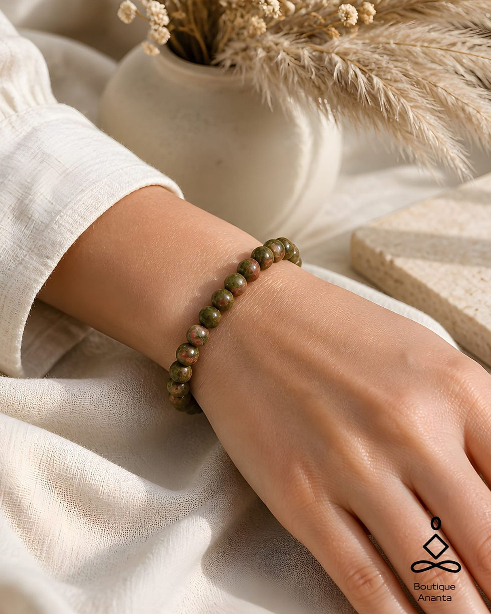 Miniature : Bracelet unakite pierre guérison émotionnelle grossesse porté au poignet bijou artisanal fait main Albi Tarn