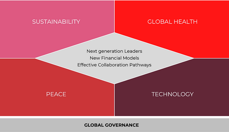 Priority areas:
1 overarching pillar: Global Governance
4 thematic pillars: Sustainability, Global Health, Peace and Technology
3 core dimensions at the core: next gen leaders, new financial models, effective collaboration pathways