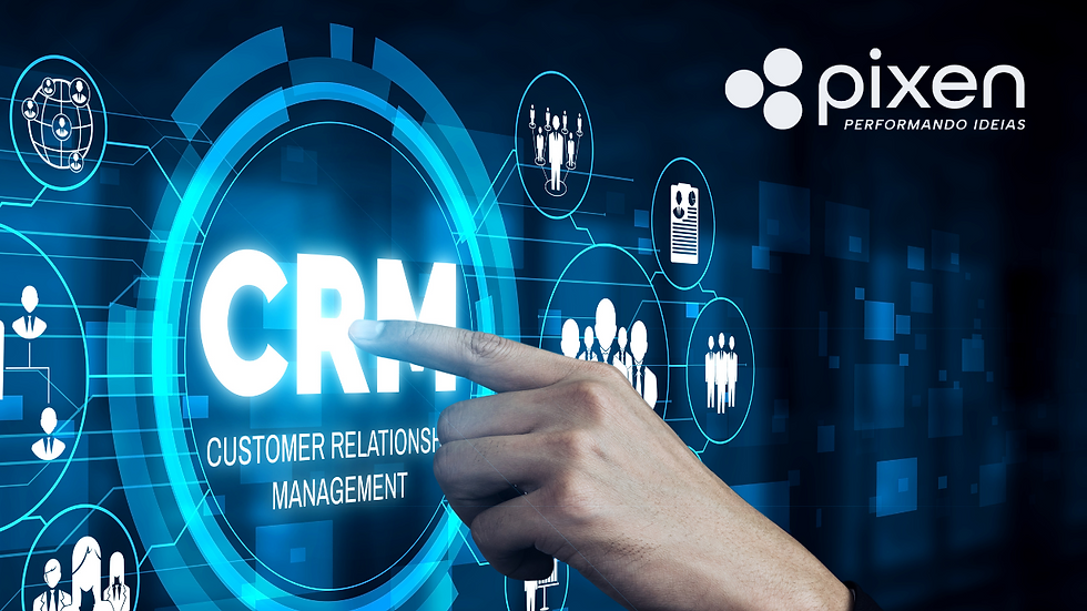 Mão tocando em uma interface digital com a palavra CRM (Customer Relationship Management), representando automação de marketing e gestão de clientes — Blog Pixen.