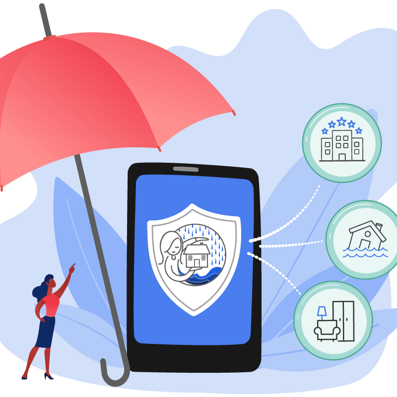 A woman under an umbrella with a floodprice shield on her phone.
