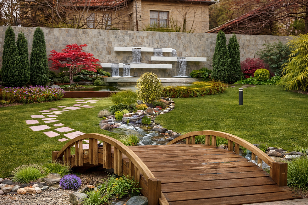 Beautiful bridge and waterfall in the garden