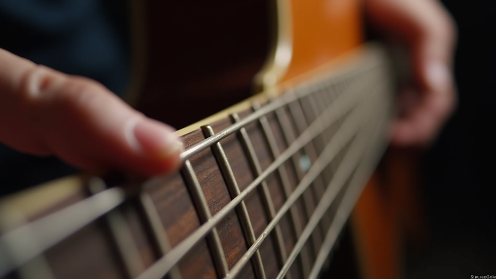 Close-up view of guitar fretboard with fingers pressing down on strings