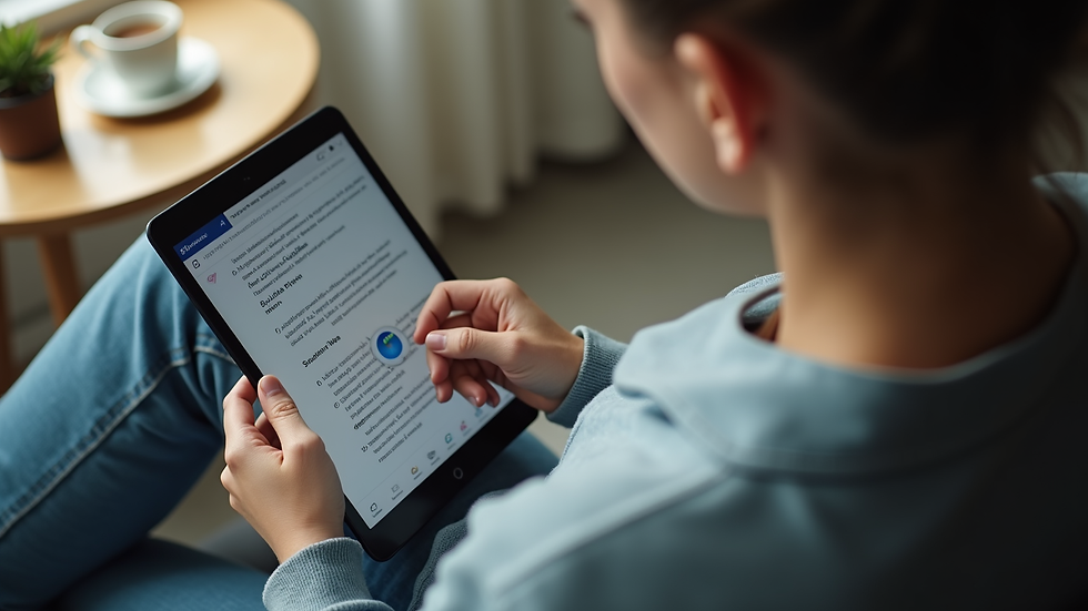 High angle view of a person using a tablet for an online English course
