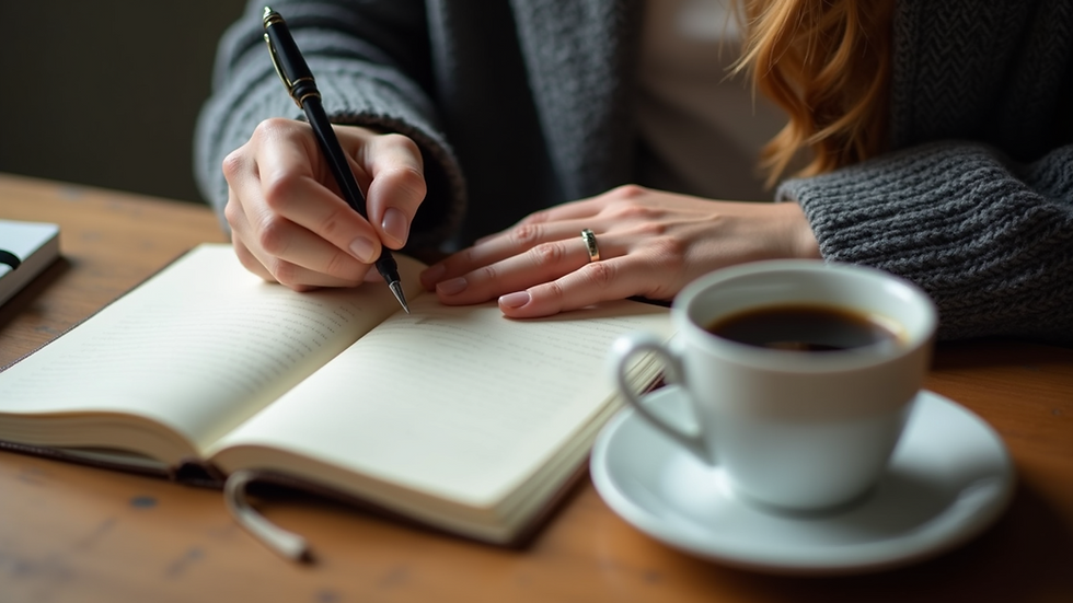High angle view of a person writing in a journal with a cup of coffee nearby