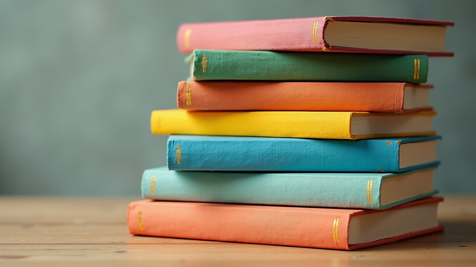 Close-up view of a stack of colorful children’s educational books