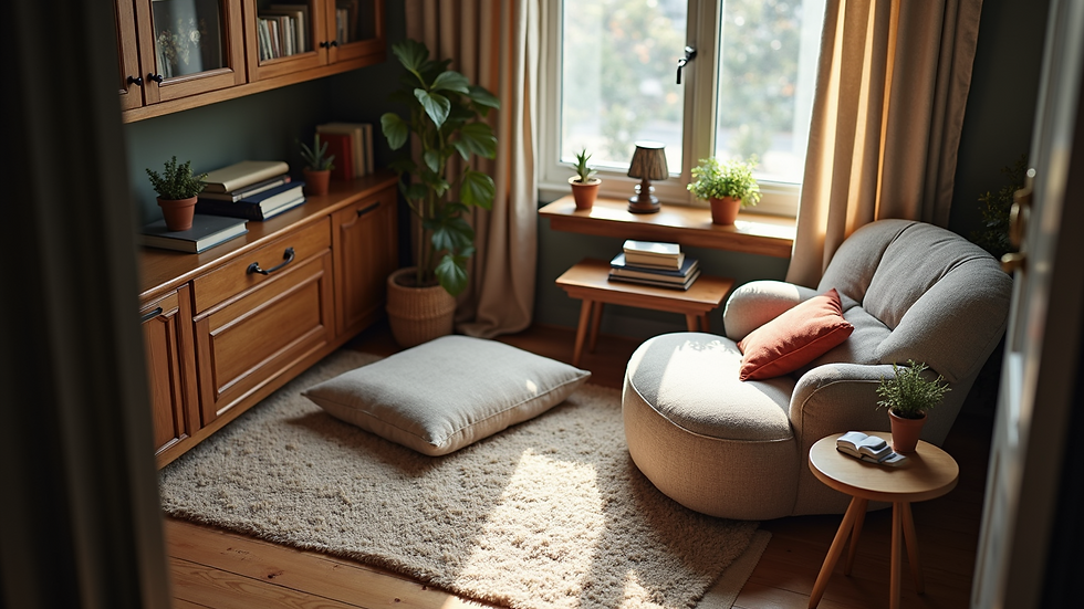High angle view of a cozy home reading nook with a pile of books and cushions