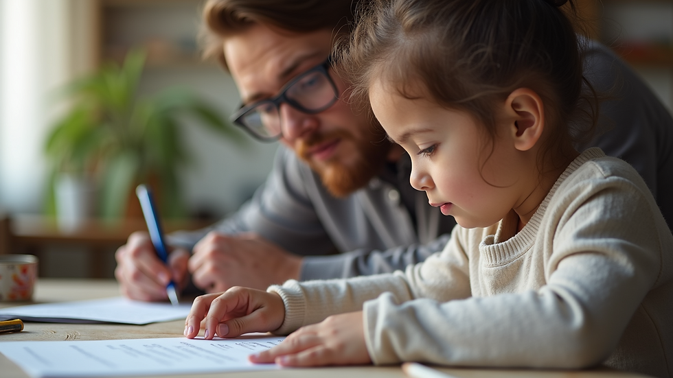 Eye-level view of a parent and child working together