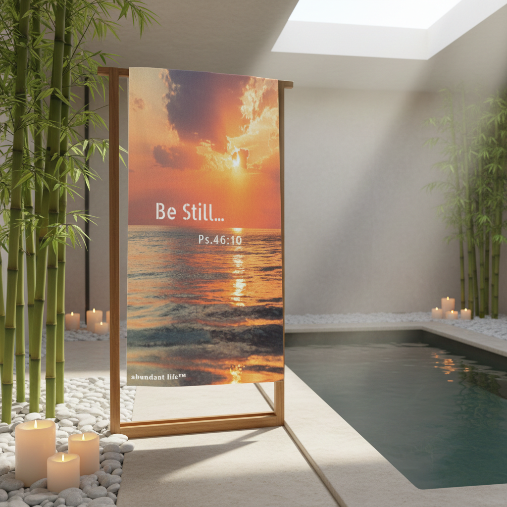 Orange sunset ocean beach towel with “Be Still” and Psalm 46:10 design, Christian faith-based accessory by Abundant Life™.