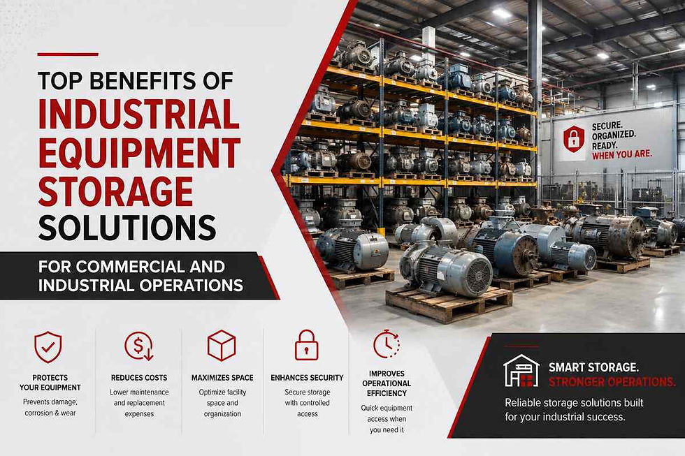 Industrial equipment storage solutions infographic showing warehouse storage benefits for commercial operations.