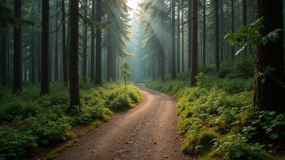 Wide angle view of a marked hiking trail winding through a forest