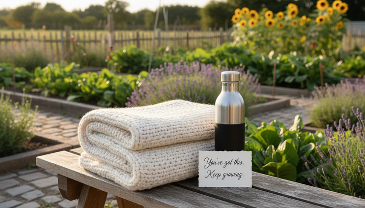 Eye-level view of a folded blanket, handwritten card, and water bottle arranged on a bench outside a quiet community garden.