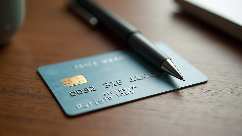 Close-up view of a rewards card and a pen on a wooden desk