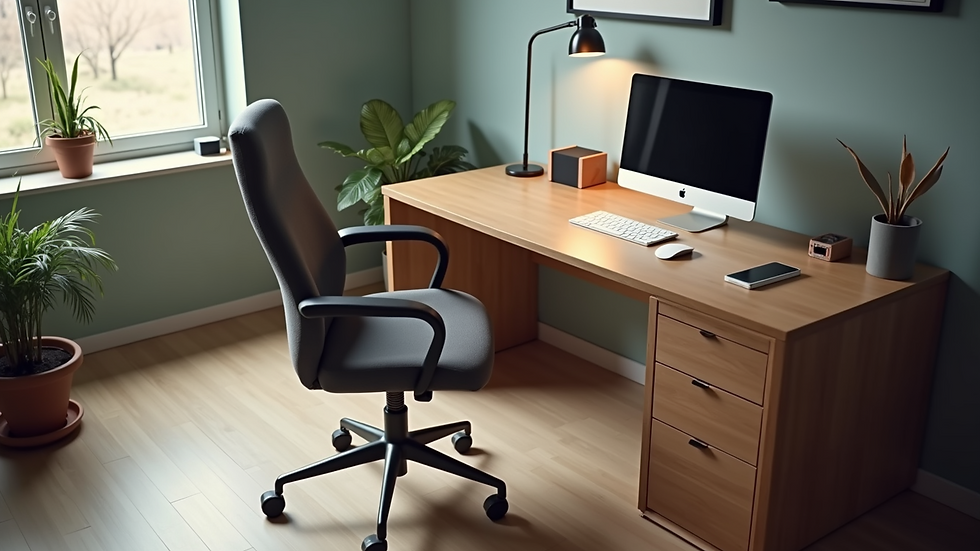 High angle view of a comfortable office chair and desk setup