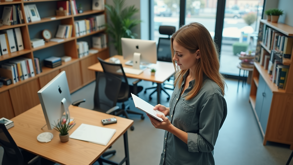 High angle view of a teacher selecting office furniture in a showroom